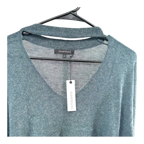 Olivaceous NWT Women’s L Large Teal Wool Blend Sweater V Neck Cut Out Neck - Picture 8 of 13